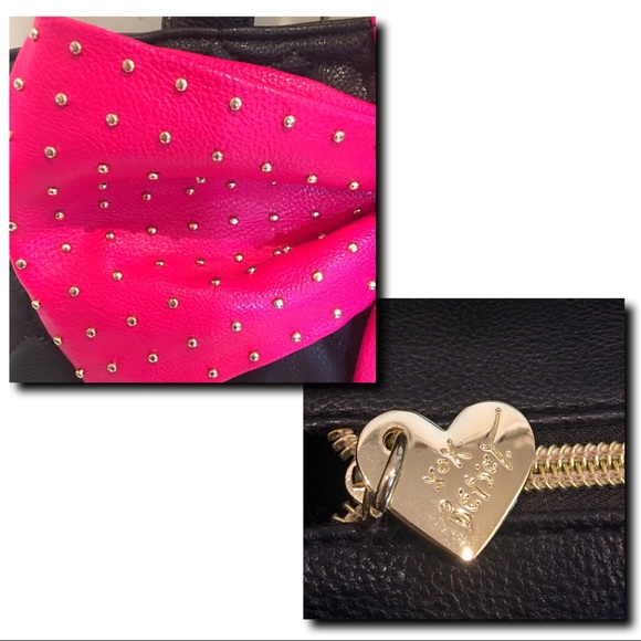 Betsey Johnson Quilted Heart Blk Purse Fuchsia Bow - Picture 3 of 8